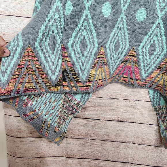 Andrade Open Cardigan Jacket Women's One Size Teal Aztec Print Cotton Polyester - Picture 13 of 14